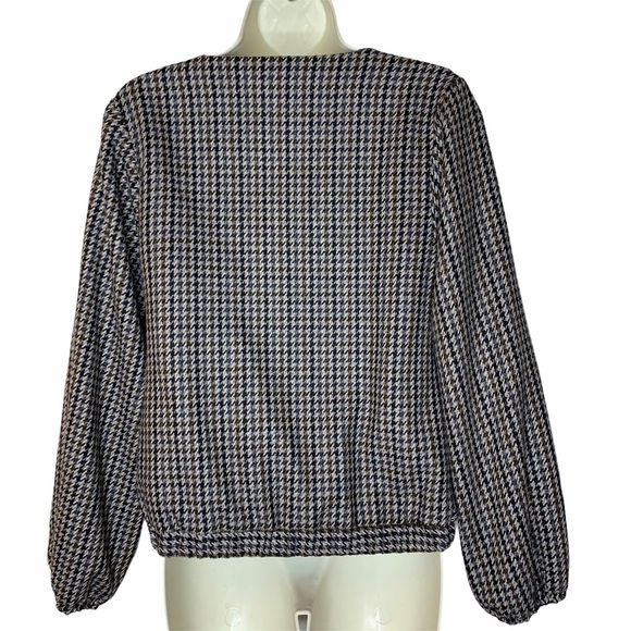 Office Siren Vintage Wool Houndstooth Brown and Gray Jacket with Brooch - Picture 5 of 16